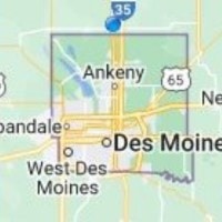 Outline map of Polk County, Iowa showing its location around Des Moines and Ankeny.