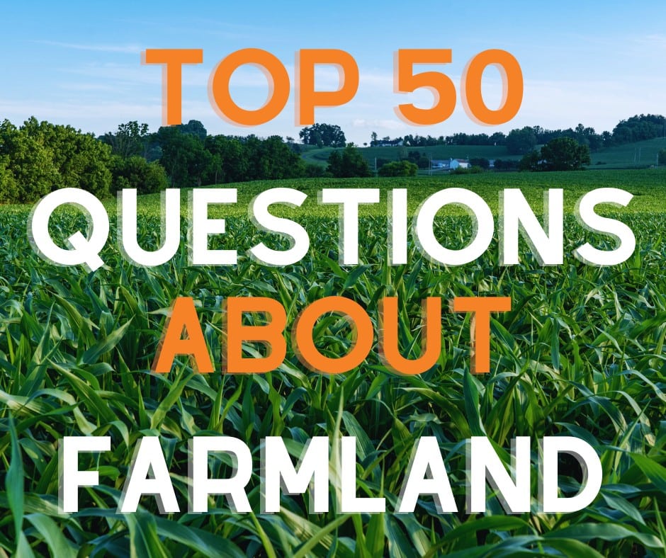 Graphic with the words 'Top 50 Questions About Farmland' over a green cornfield with blue sky in the background.