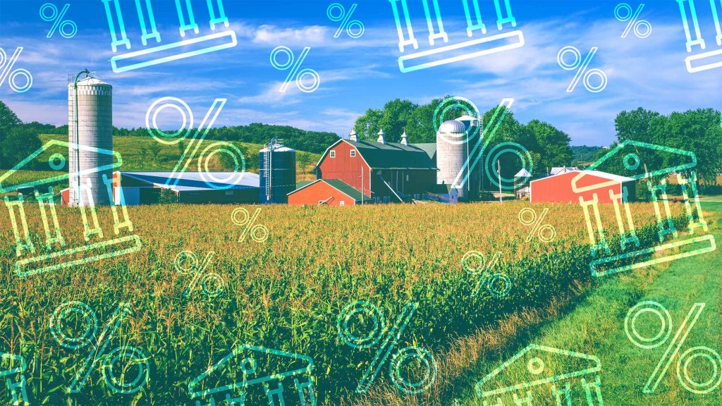 Farmland with barns and silos overlaid with bank and percentage icons representing financing and loan options for purchasing agricultural land.