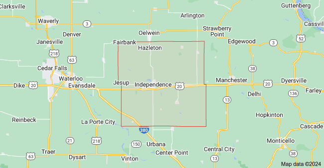 Map outlining Buchanan County, Iowa, showing Independence, Jesup, Fairbank, Hazleton, and major surrounding highways