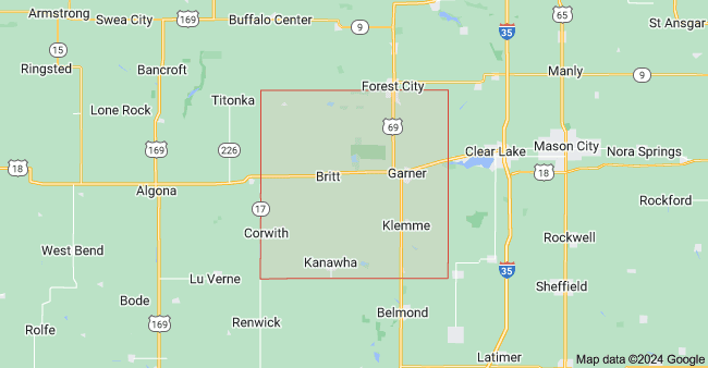 Map showing the boundaries and main towns of Hancock County, Iowa, including Garner, Britt, Forest City, and Kanawha.