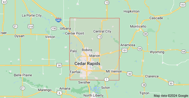 Map of Linn County, Iowa, showing city locations including Cedar Rapids, Marion, Hiawatha, and surrounding roadways.