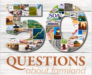 Graphic featuring the number “50” filled with farmland-related images and the text “Questions About Farmland” underneath.
