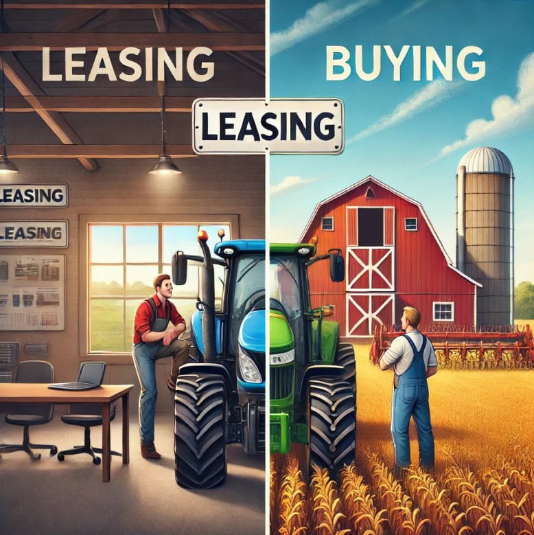 Split image comparing leasing and buying farm equipment, showing a farmer reviewing a tractor in an office setting versus owning equipment on a working farm.