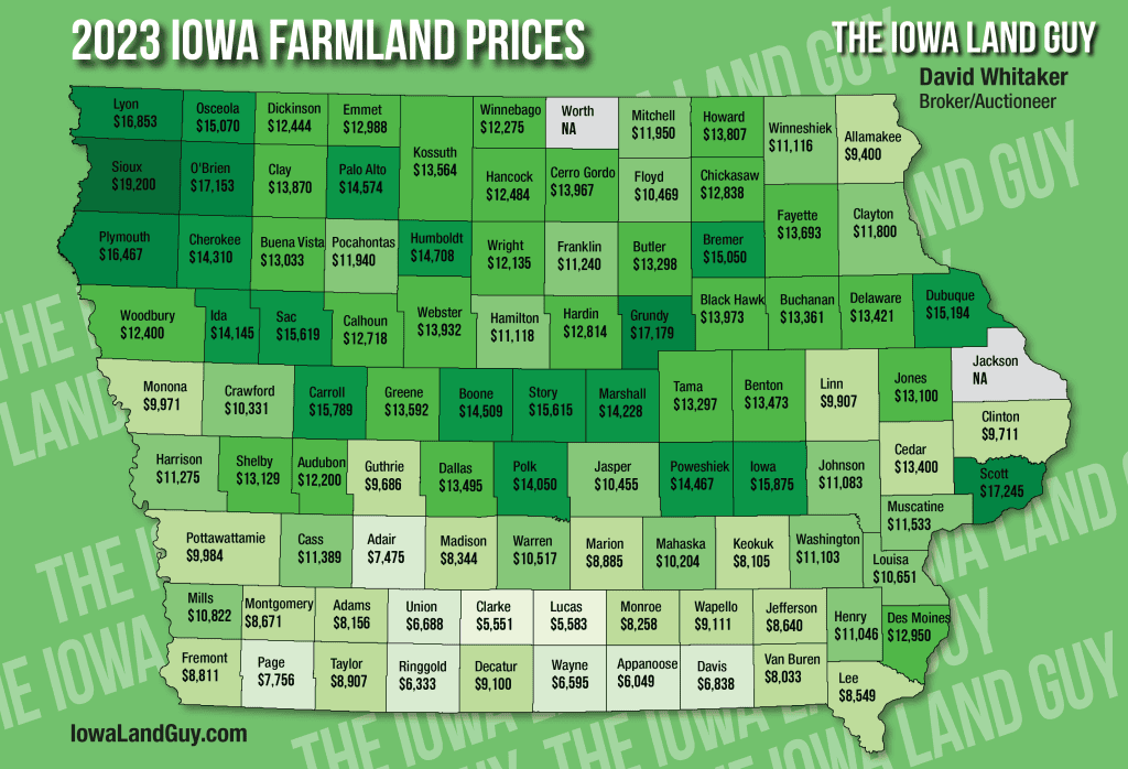 Map of 2023 Iowa farmland prices by county, showing average price per acre across the state with color-coded values ranging from around $7,000 to over $19,000 per acre.