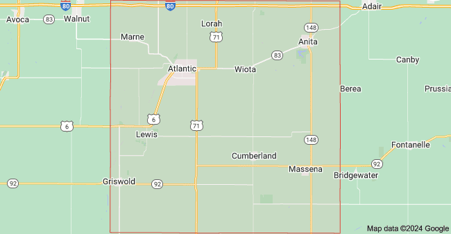 Outline map of Iowa with Cass County highlighted