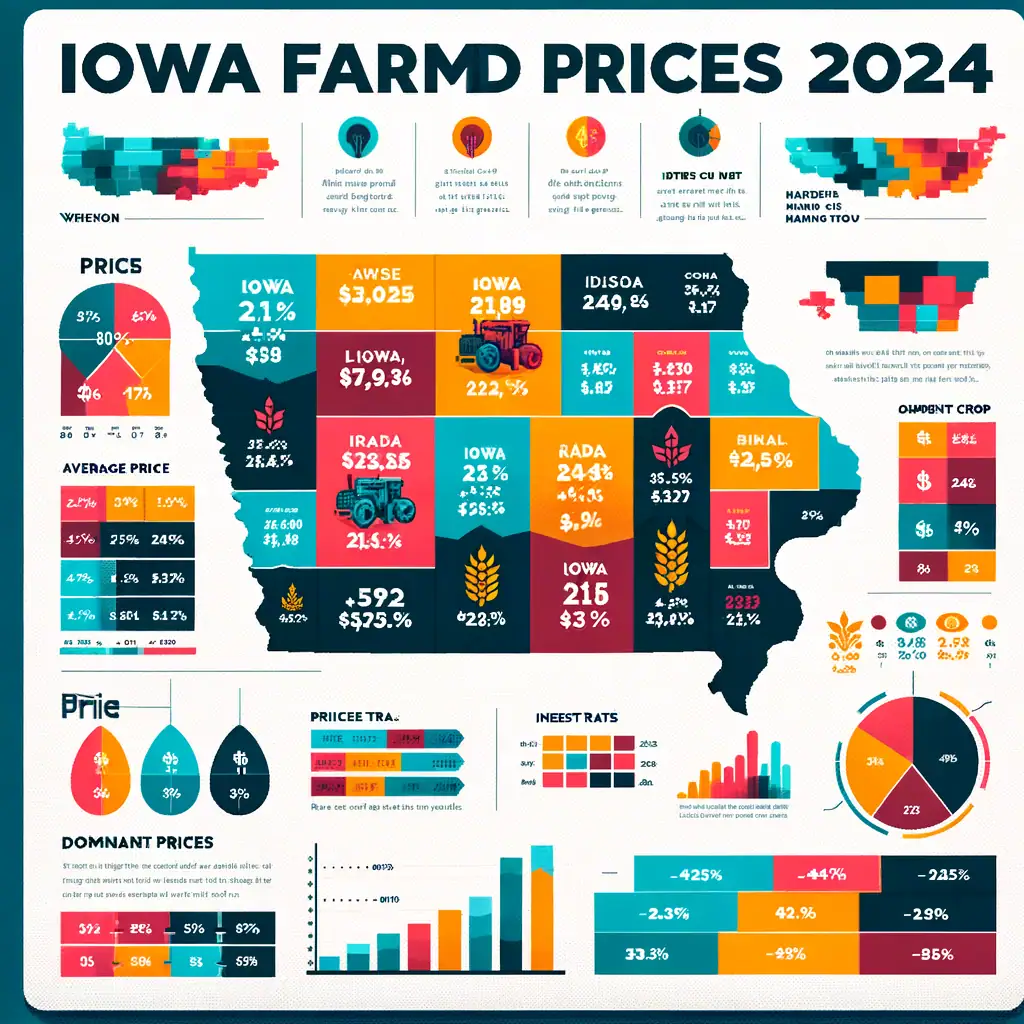 A colorful infographic titled “Iowa Farm Prices 2024” showing county-by-county farmland values, price averages, market trends, commodity data, and year-over-year changes across the state.