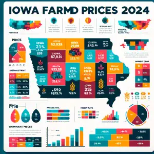 A colorful infographic titled “Iowa Farm Prices 2024” showing county-by-county farmland values, price averages, market trends, commodity data, and year-over-year changes across the state.