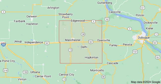 Map showing Delaware County, Iowa with towns such as Manchester, Delhi, Edgewood, Hopkinton, and Dyersville highlighted