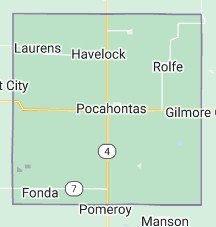 Outline map showing Pocahontas County, Iowa with towns such as Pocahontas, Laurens, Rolfe, Gilmore City, Havelock, and Fonda labeled.