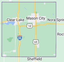 Map showing Cerro Gordo County, Iowa with major towns including Mason City, Clear Lake, Nora Springs, and Sheffield.