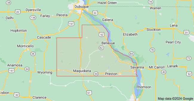 Map of Jackson County Iowa showing key towns including Bellevue, Maquoketa, Preston, and Savanna along the Mississippi River.