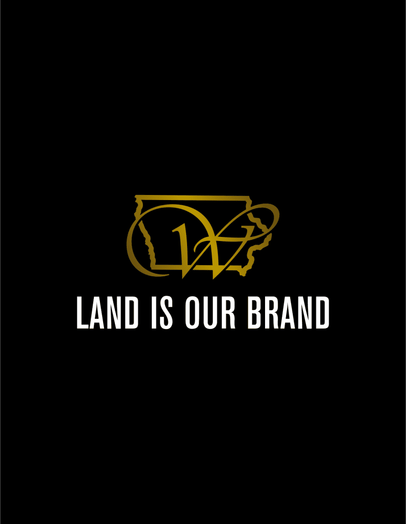 Whitaker Marketing Group logo with gold outline of Iowa and the phrase “Land Is Our Brand” on a black background.