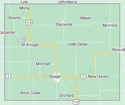 Outline map of Iowa with Mitchell County highlighted