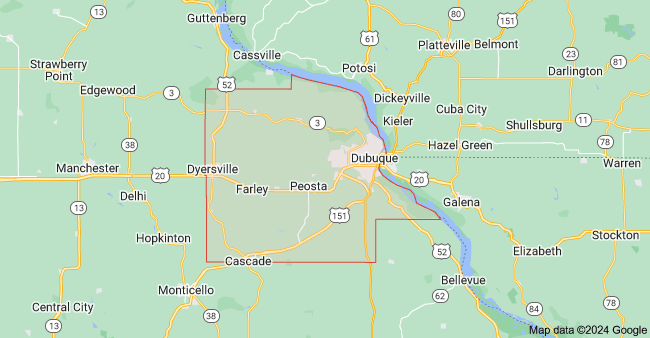 Map showing the boundaries and major towns of Dubuque County, Iowa, including Dubuque, Peosta, Farley, Dyersville, and Cascade.
