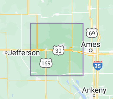 Map outline of Boone County, Iowa, with surrounding highways and nearby cities shown for reference.