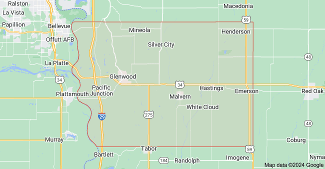 Outline map of Iowa with Mills County highlighted