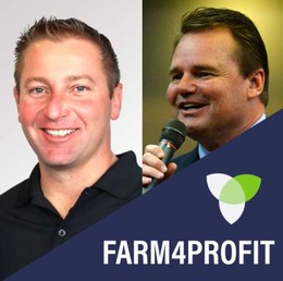 Split image showing a speaker portrait and a live speaking moment alongside the Farm4Profit logo.