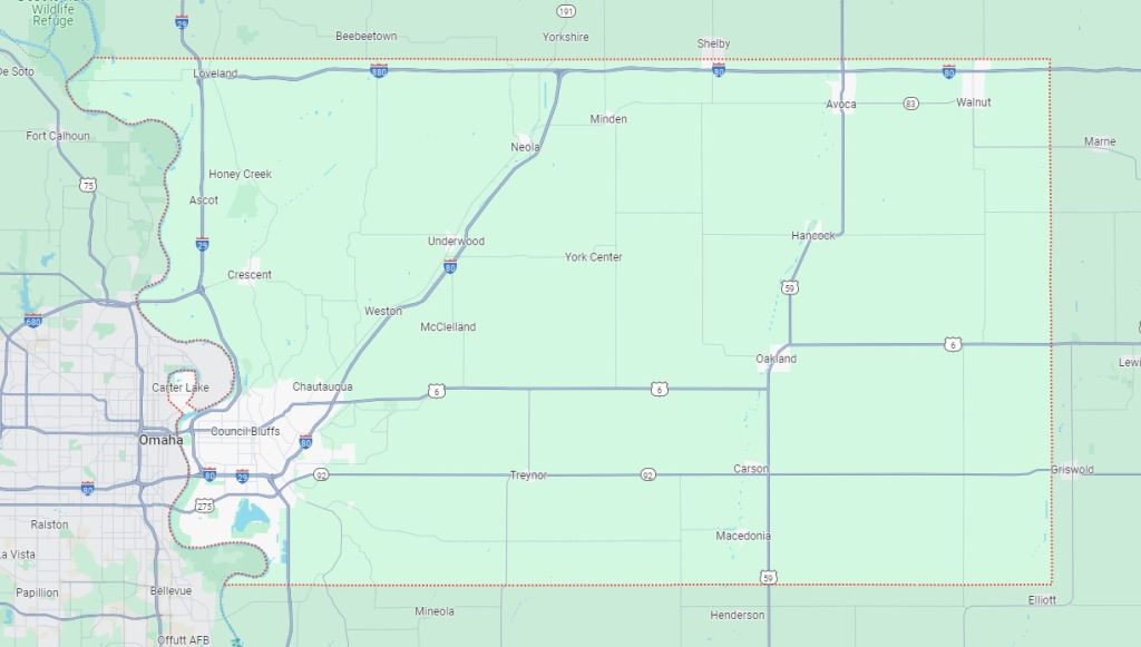 Outline map of Iowa with Pottawattamie County highlighted