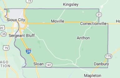 Woodbury County Iowa map highlighting Sioux City, Moville, Correctionville, Anthon, Sloan, Danbury, and major highways