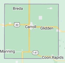 Map view of Carroll County, Iowa, showing major highways and towns including Carroll, Glidden, Breda, Manning, and Coon Rapids.