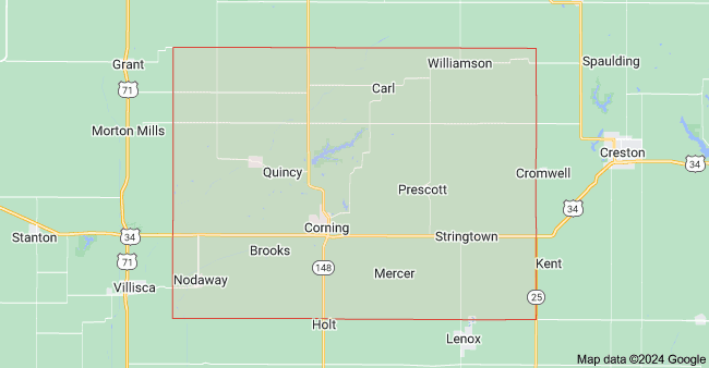 Adams County Iowa map showing county boundaries and surrounding towns