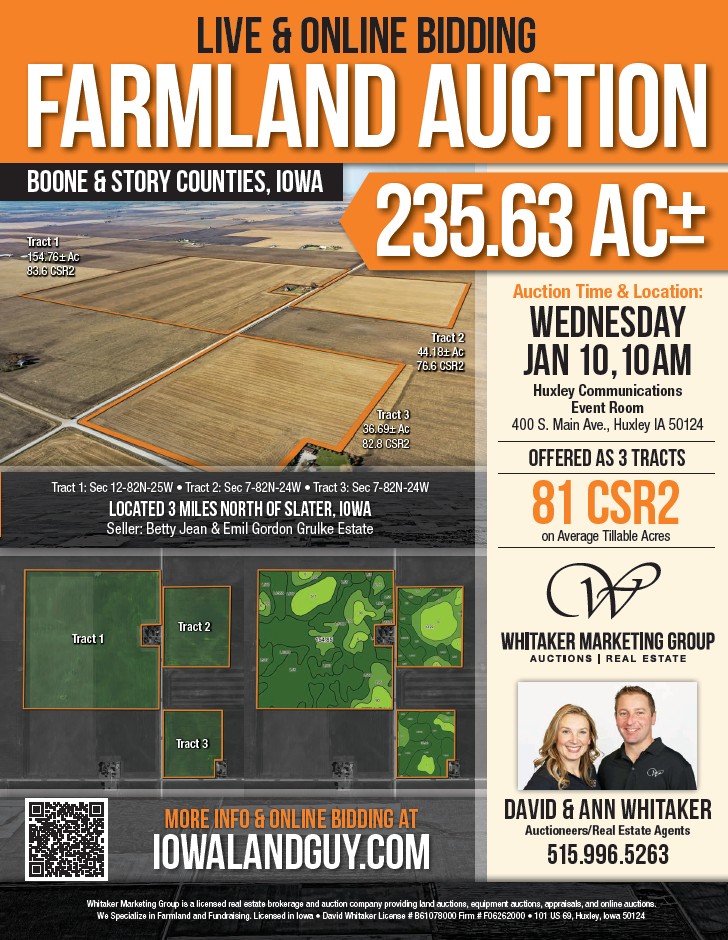 A promotional farmland auction flyer showing 235.63 acres for sale in Boone and Story Counties, Iowa, including aerial maps, CSR2 rating, auction date, and Whitaker Marketing Group branding.