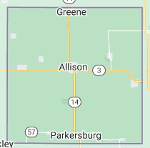 Map of Butler County, Iowa showing towns including Allison, Greene, Parkersburg, and Shell Rock.