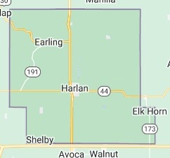 Map of Shelby County, Iowa showing Harlan, Earling, Elk Horn, Shelby, and surrounding towns.