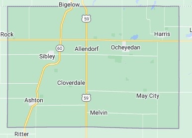 Map of Osceola County, Iowa showing towns including Sibley, Ocheyedan, Ashton, Melvin, and Harris.