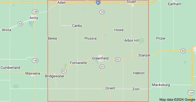 Outline map of Iowa with Adair County highlighted