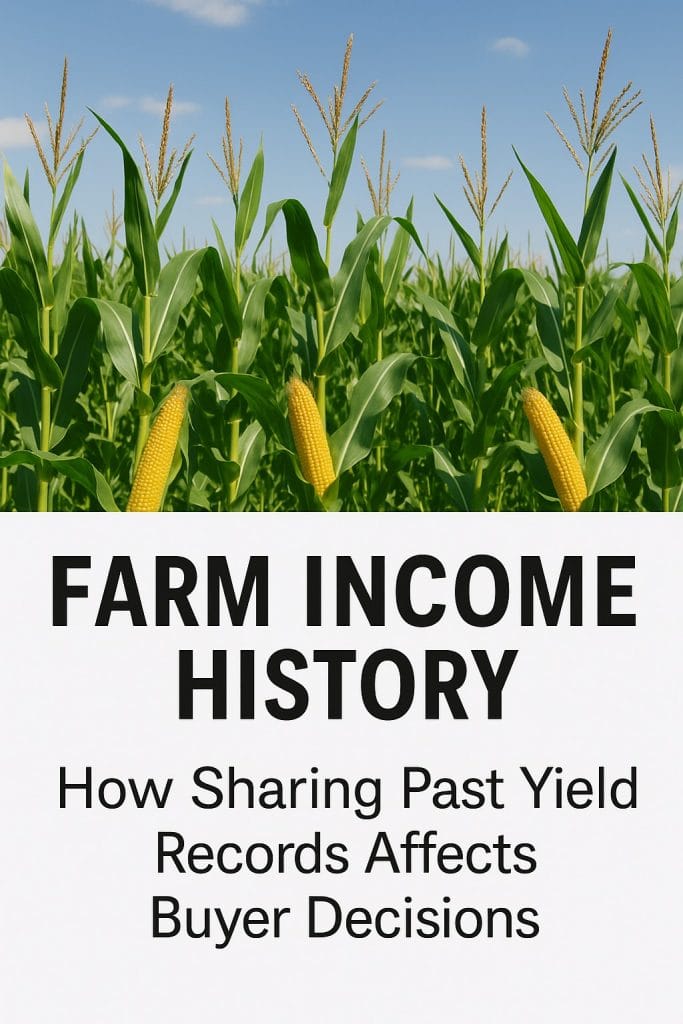 Corn plants in a healthy Iowa cornfield with text highlighting farm income history and the role of yield records in land value.