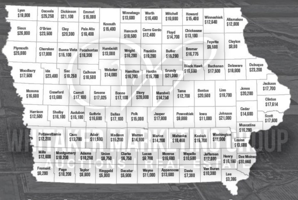 Map of Iowa displaying average farmland sale prices per acre by county, with labeled dollar values showing land value differences across the state.