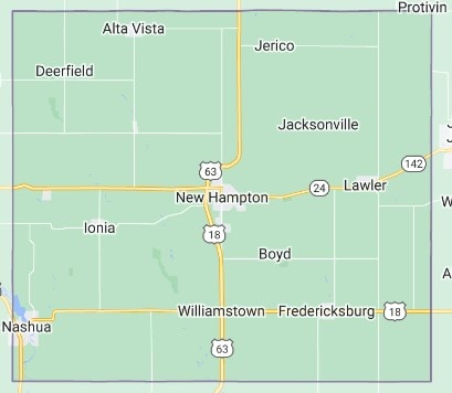 Map of Chickasaw County, Iowa showing towns including New Hampton, Fredericksburg, Lawler, Nashua, and Alta Vista.