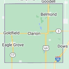 Outline map showing Wright County, Iowa with towns including Clarion, Belmond, Eagle Grove, Goldfield, and Dows labeled.