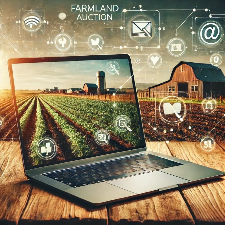 A laptop displaying farmland rows on screen with digital marketing icons floating above a farm, symbolizing online farmland advertising.