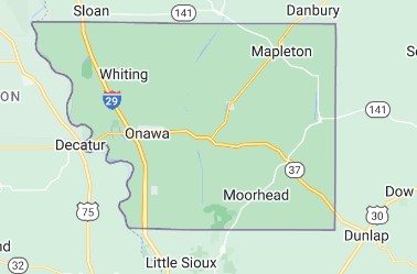 Map of Monona County Iowa showing key towns including Onawa, Whiting, Mapleton, and Moorhead.
