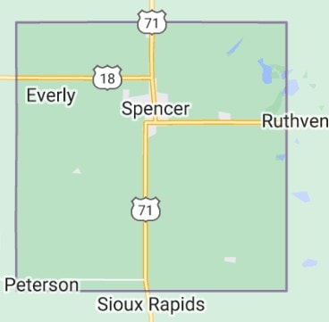 Map of Clay County, Iowa showing Spencer, Everly, Peterson, and Sioux Rapids.