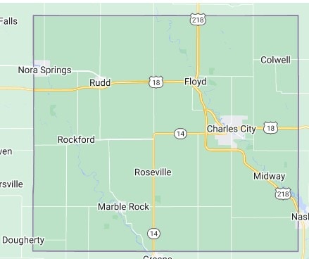 Map showing Floyd County, Iowa with towns including Charles City, Rockford, Nora Springs, and Marble Rock.