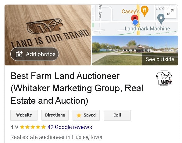 Best farm land auctioneer Whitaker Marketing Group Google business profile showing reviews and real estate auction services in Huxley Iowa