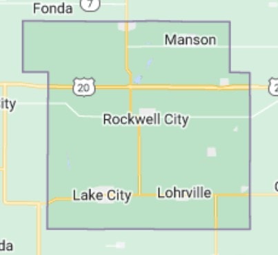 Map of Calhoun County, Iowa highlighting towns and major highways.