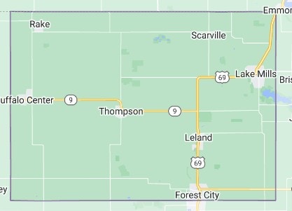 Road map of Winneshiek County, Iowa, showing towns including Lake Mills, Scarville, Thompson, Leland, Forest City, and Buffalo Center with major highways U.S. 69 and Highway 9.