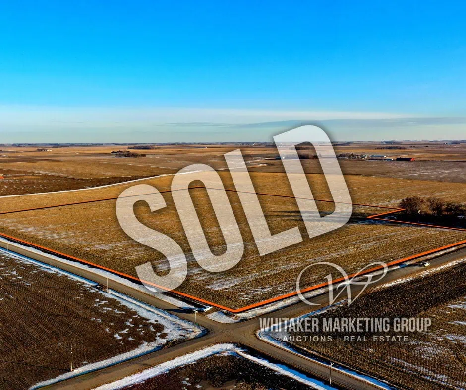 Aerial view of Iowa farmland marked sold following a competitive land auction