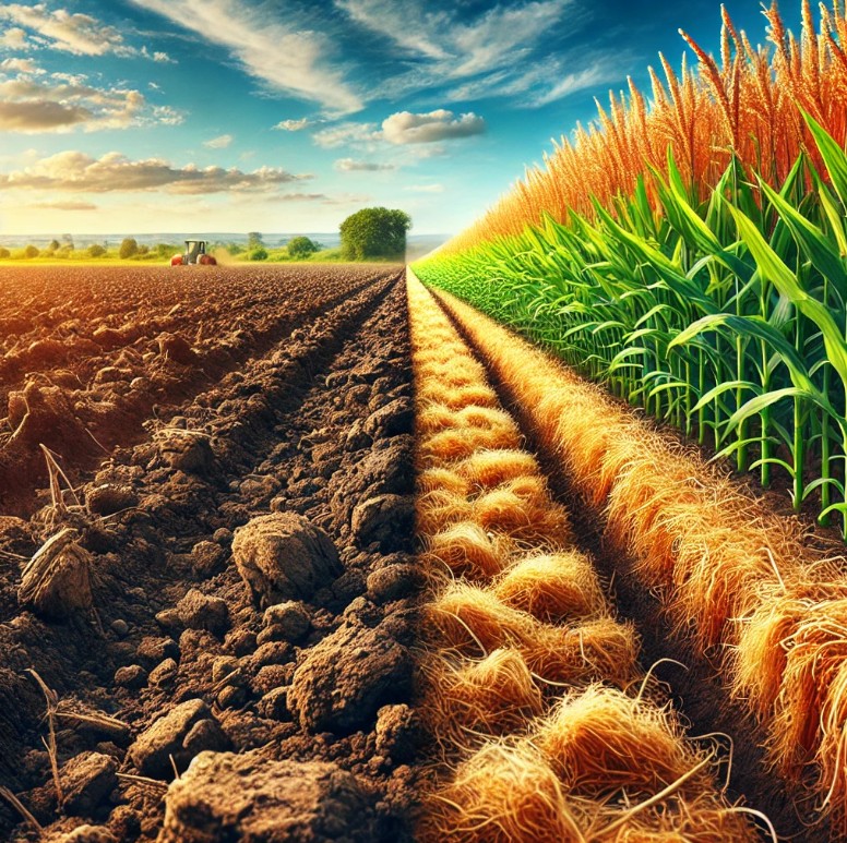 Side-by-side comparison of till and no-till farmland showing soil and crop differences in Iowa ✅ Title Attribute: Till vs N