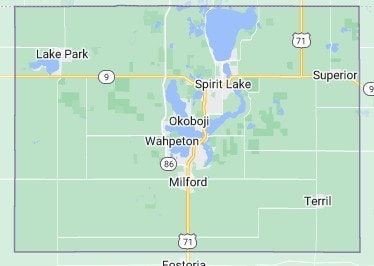 Map of Dickinson County, Iowa showing Spirit Lake, Okoboji, Milford, Lake Park, and surrounding towns.