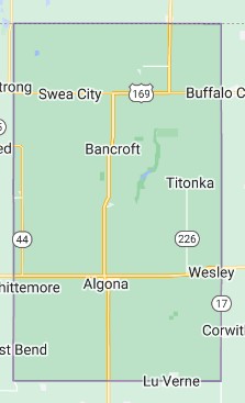 Map showing the boundaries and major towns of Kossuth County, Iowa, including Algona, Bancroft, Swea City, and Titonka.