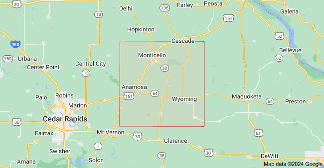 Jones County Iowa map showing cities, highways, and surrounding regions.