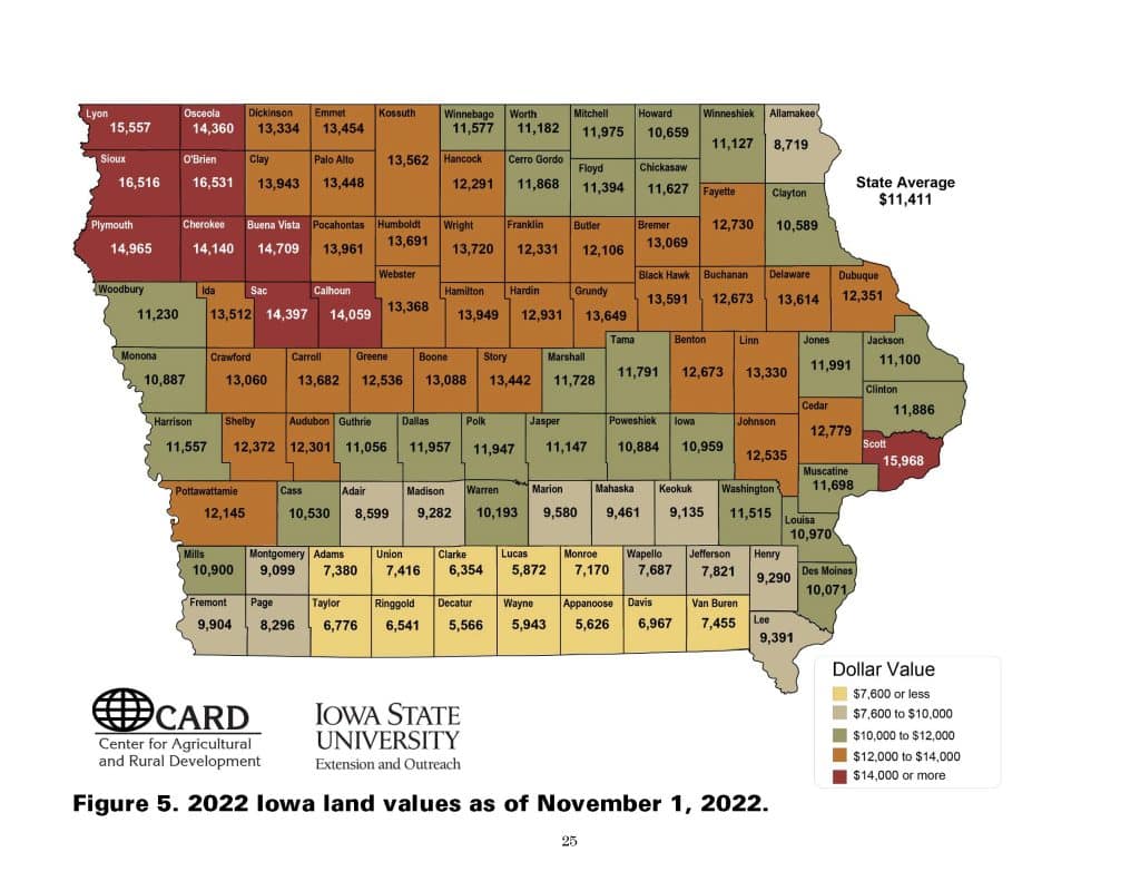 2022 Iowa farmland values by county as of November 1, 2022