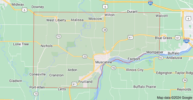 Muscatine County highlighted on an Iowa state map outline.