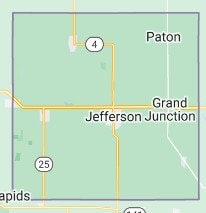 Map view of Greene County, Iowa, showing major roads and towns including Jefferson, Grand Junction, and Paton.